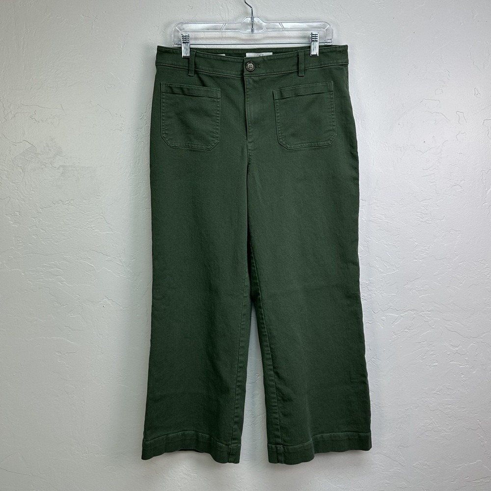 LOFT Pants Womens 12P Green The Palmer Wide Leg Twill Stretch Patch Pockets